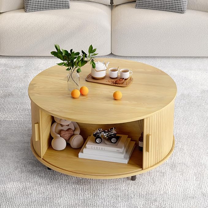 Round Coffee Table with Storage, 31.5" Modern Coffee Table with 360° Curved Sliding Door, Fluted Wood Accent Coffee Table with Adjustable Footpads, Round Center Table for Living Room, Oak