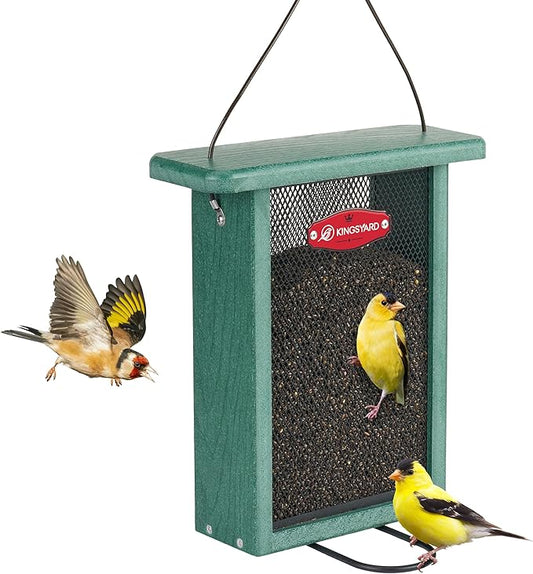 Kingsyard Metal Mesh Bird Feeder for Outdoors Hanging, Finch Feeder for Nyjer/Thistle, Sliding Mesh & Built-in Perch, Recycled Plastic, Green