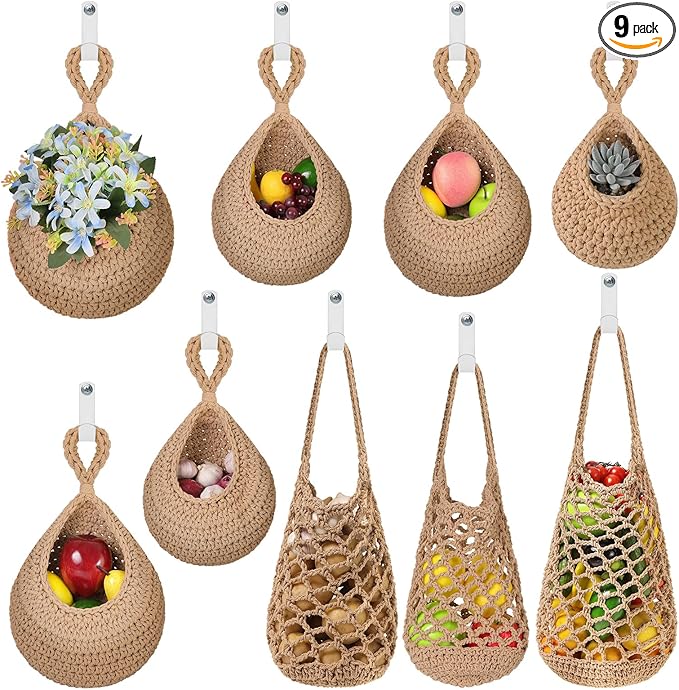 AARAINBOW Boho Wall Hanging Baskets for Kitchen Storage, Fruit Woven Wall Basket 9 Pcs, Hanging Vegetable and Onion Storage with 24 Hooks （Brown）