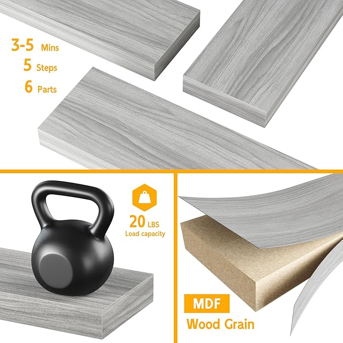 BAMEOS Floating Shelves, Walnut Wall Mounted Wooden Shelves with Invisible Brackets Set of 3, Hanging Wall Shelves Decoration for Bedroom, Bathroom, Living Room and Kitchen