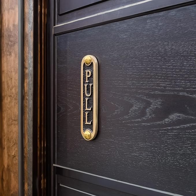 PULL Brass Door Sign. Traditional Style Home Décor Wall Plaque Handmade By The Metal Foundry UK.