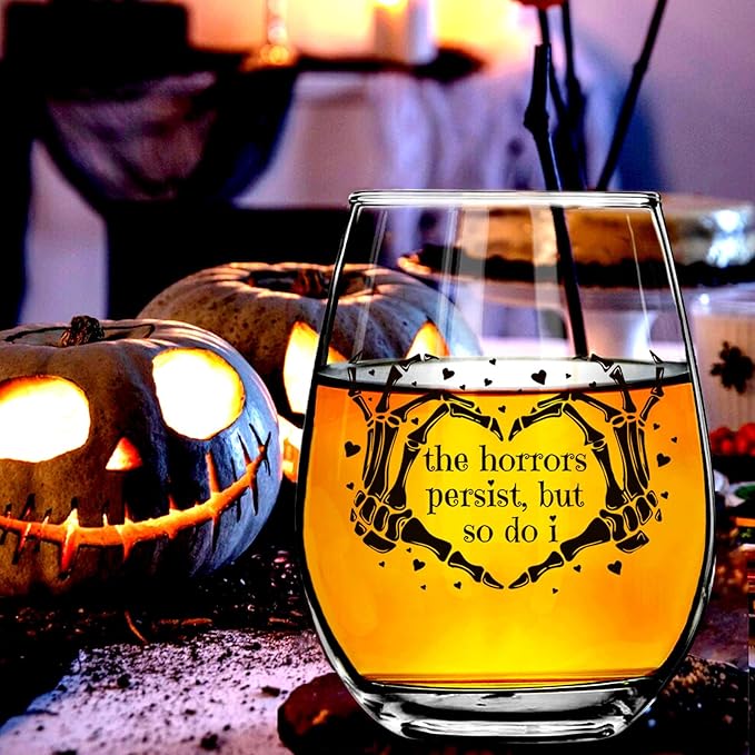 The Horrors Persist But So Do I Wine Glass,Skeleton Heart Hands,Funny Halloween&Valentine's Day Wine Glass,15oz