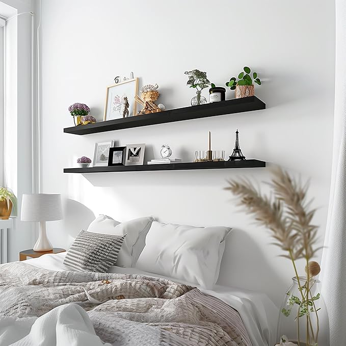 Wood Floating Shelves for Wall Decor, Rustic Wall Shelves for Bedroom Bathroom Kitchen Living Room, Set of 4 Black 48 Inch