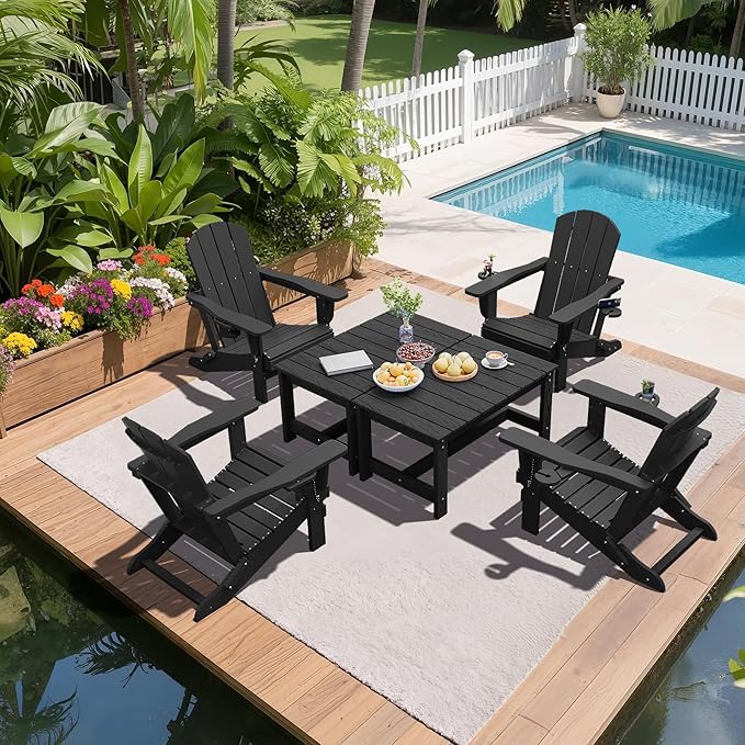 SERWALL Patio Coffee Table, HDPE Rectangle Outdoor Coffee Table Set of 2, Black