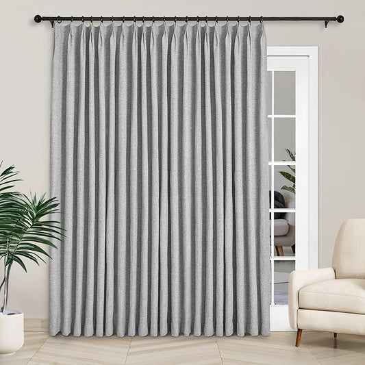 Macochico 120”Wx102”L 100% Blackout Linen Curtains Pinch Pleated Thermal Panels for Sliding Door Bedroom Living Room Farmhouse Shabby Chic Light Grey Burlap Curtains with Tieback 1 Panel