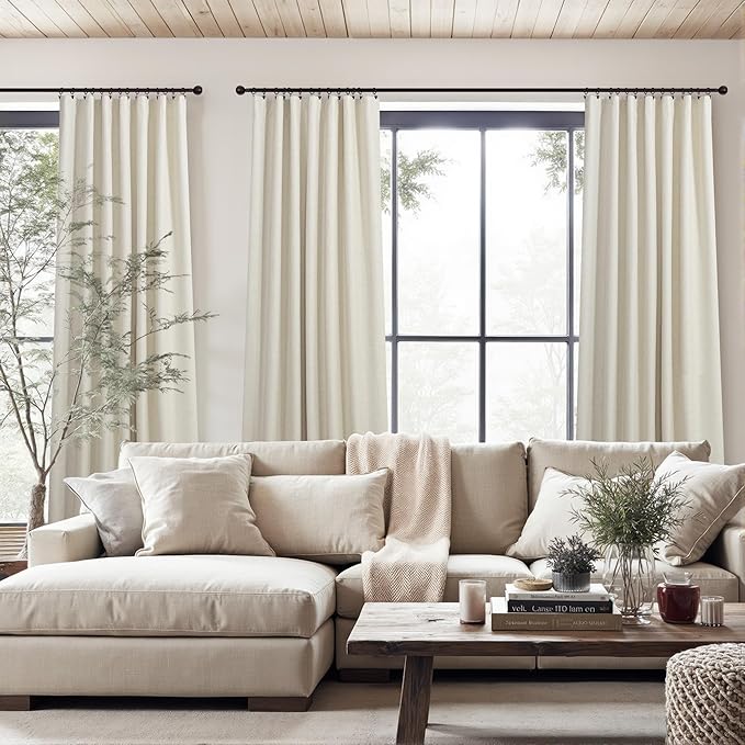 Neutral Blackout Nursery Curtains 102 Inches Long for Living Room Divider 2 Panel Weather Blocking Light Lightweight Blackout Curtains for Sliding Doorway Bedroom Darkening Tan Beige Thick Linen Drape