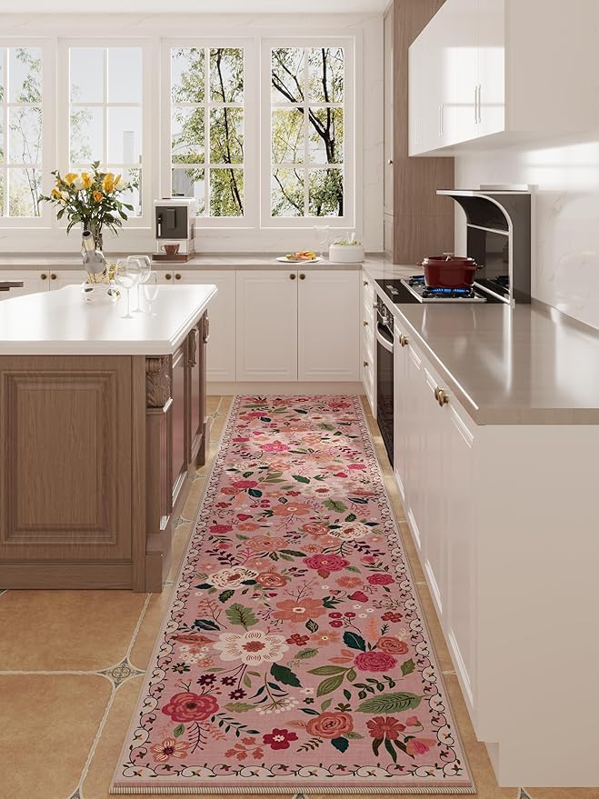 Runners for Hallways Kitchen Runner Rug Non Slip 2'x 10' Long Washable Rugs with Rubber Backing Soft Floral Carpet Runner for Hallways, Kitchen, Laundry, Bedroom, Bathroom(Pink)