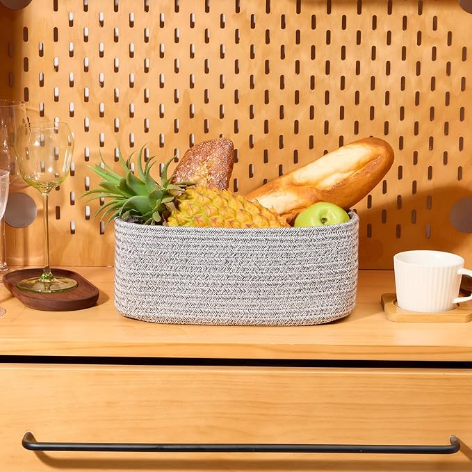 Small Storage Baskets for Organizing | Closet Organizer Bins | Shelf Toy Basket | Woven Rope Baskets | Cube Decorative Box | Shallow Basket | 11.5x7.5x4.7” | 3 Packs Mixed Grey