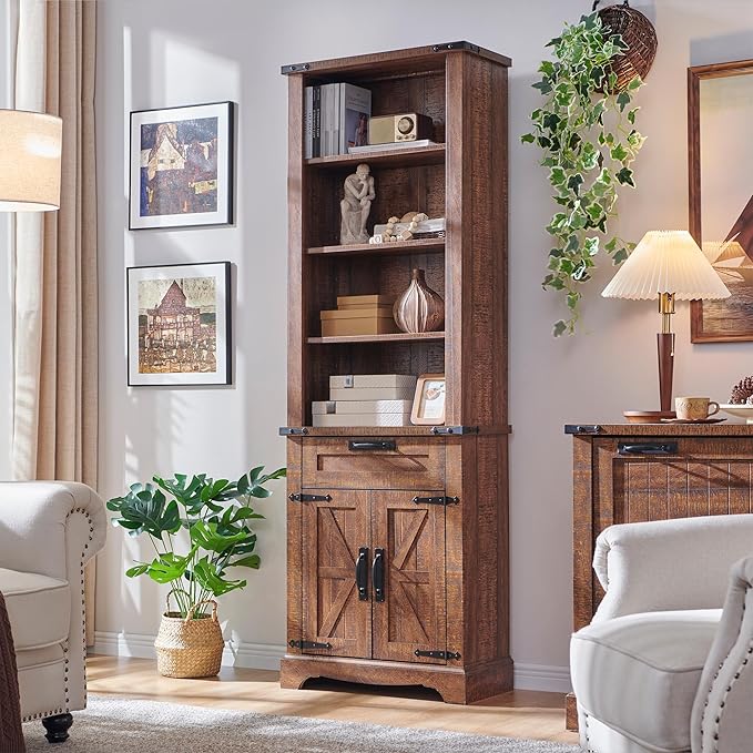 OKD 72'' Tall Bookshelf with Storage, Farmhouse 4 Tier Bookcase w/Barn Door, Adjustable Shelves and Drawers, Rustic Wooden Office Bookshelves for Home, Living Room, Library (Reclaimed Barnwood Color)