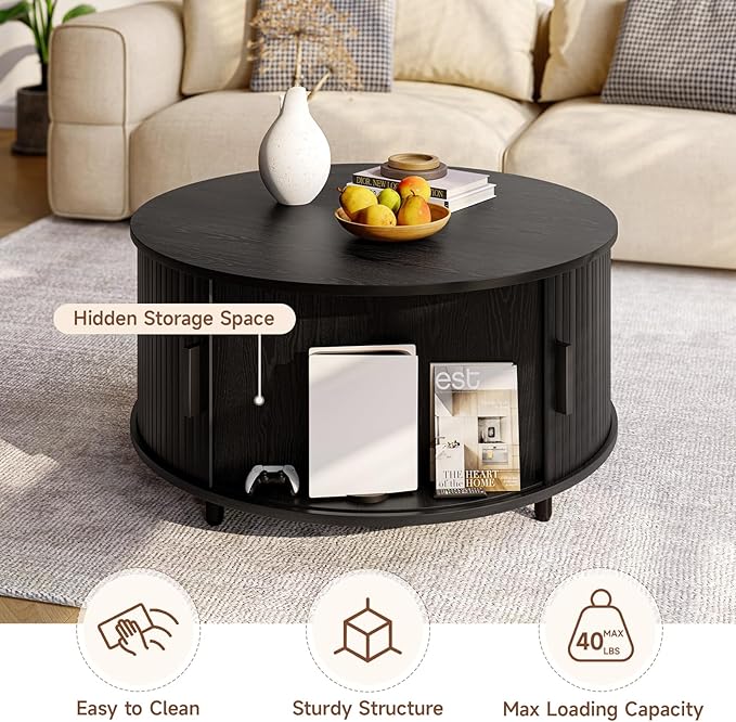 Round Coffee Table with Storage, 31.5" Modern Coffee Table with 360° Curved Sliding Door, Fluted Wood Accent Coffee Table with Adjustable Footpads, Round Center Table for Living Room, Black