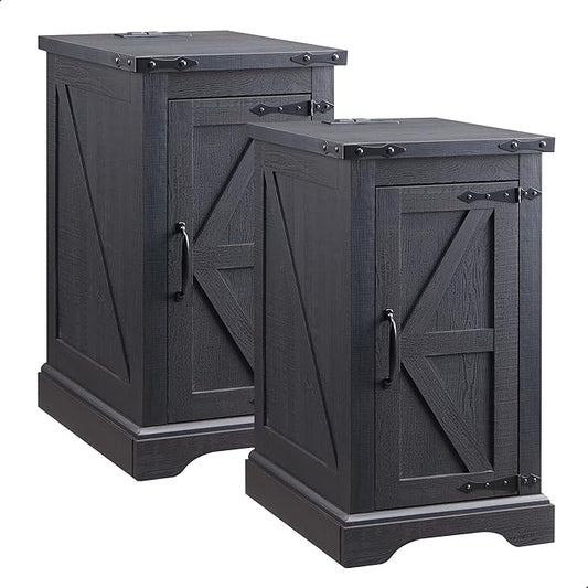JXQTLINGMU Farmhouse Nightstand Set of 2 with Charging Station, 17" D Rectangular End Table with Barn Door & Adjustable Storage Shelf, Wood Rustic Sofa Side Table for Living Room, Bedroom, Black