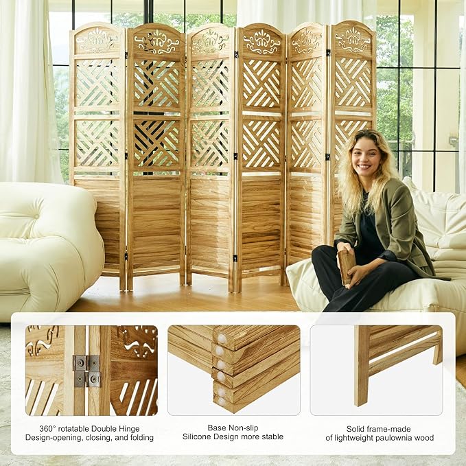 Room Divider with Shelves, 68.9inch Wood Carved and Louvered Wall Divider Freestanding, 6 Panels Folding Partition Screen for Bedroom Home Office (Natural)