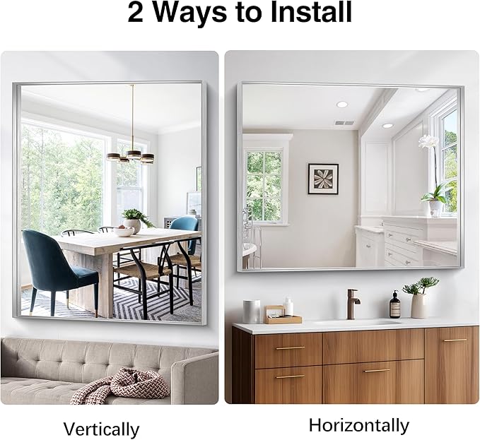 Silver Bathroom Mirror, 40x48 Inch Rectangular Framed Mirror, Large Wall Mounted Bathroom Vanity Mirror Over Sink for Bedroom,Restroom, Living Room, Hangs Vertically or Horizontally
