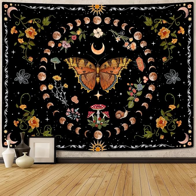 Aipon Orange Butterfly Moon Flower Tapestry Botanical Floral Plant Boho Tapestry for Bedroom Aesthetic Vintage Tapestries Wall Hanging for Living Room Dorm (60.00'' × 80.00'', Orange)