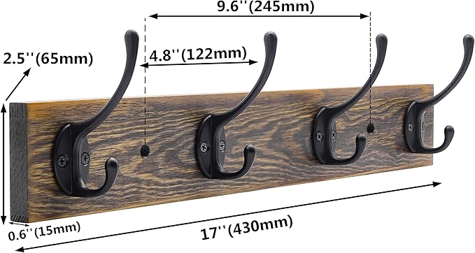 IBosins Wall Mounted Coat Rack, 2 Pack Metal Wood Coat Rack with 8 Black Rustic Hooks for Scarf, Bag, Towel, Key, Cap, Cup, Hat