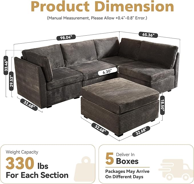 Modular Sectional Sofa, 130.7" L Shaped Couch Set for Living Room, 4-Seater Comfy Cloud Couches with Movable Ottoman, DIY Combination, Plush Corduroy, Gray