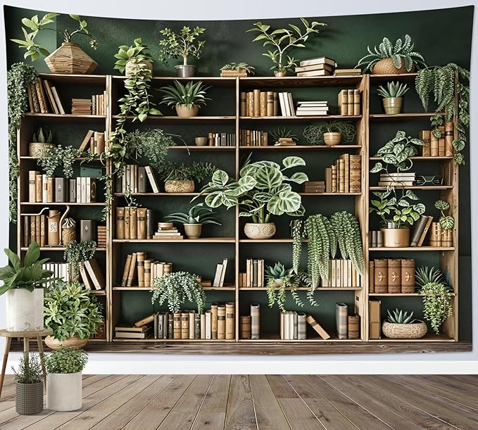 HVEST Green Plant Bookshelf Tapestry Book on Bookshelf and Plant Potted Tapestry Wall Hanging Reading Wall Art Decor for Study Room Bedroom Living Room College Dorm, 40L x 60W Inches