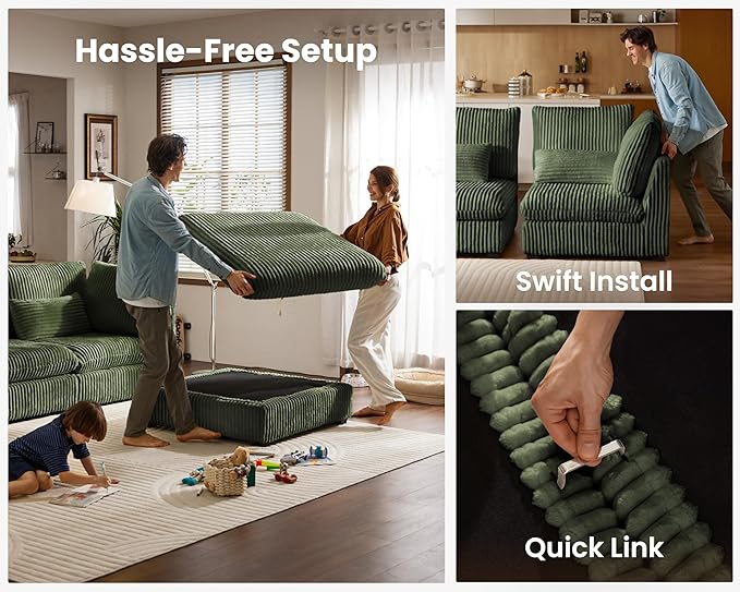 Oversized Modular Sofa, Extra Deep Cloud Corduroy Sectional Couch with Ottoman Chaise, Fluffy Chenille 6 Seat U-Shaped Sofa for Living Room, Villa (U Shape 6 Seater, Corduroy Green)