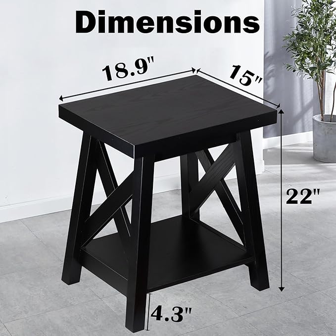 Black End Table, 2-Tier End Tables Living Room, Wood Side Table, Modern Side Table