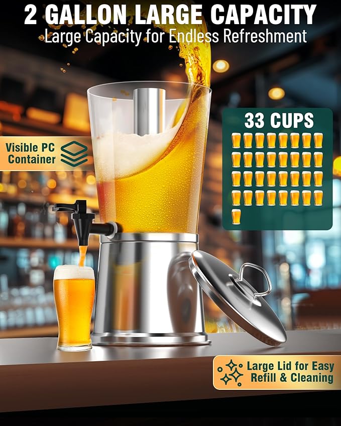 WantJoin Beverage Dispenser With Stand, Drink Dispenser for Party, Stainless Steel Water Dispenser with Ice Core, Spigot, Drink Jar Jug For Home Parties Lemonade, Clear Acrylic, 2-GALLONS 8 Liters