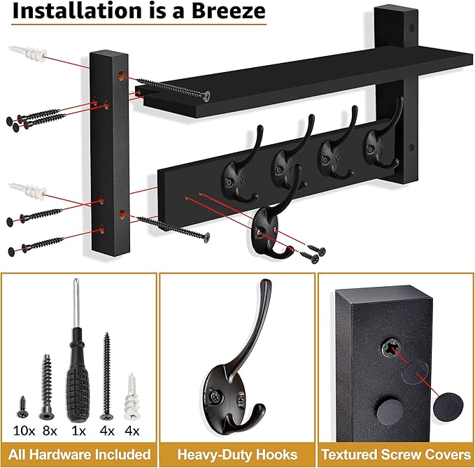 Sorbus Coat Hooks Wall Mount with Shelf – 16 Inch Coat Rack Wall Mount with 5 Heavy Duty Hooks – Floating Wall Shelf with Hooks for Entryway, Bathroom, Bedroom, Kitchen, or Mudroom (Black)