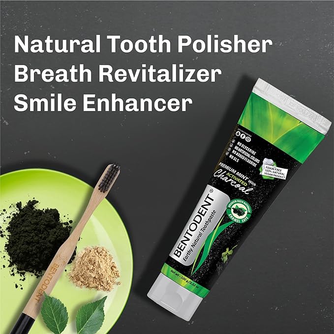 BENTODENT TOOTHPASTE Teeth Whitening Bentonite Clay & Activated Charcoal Toothpaste - Natural Teeth Whitening Toothpaste, No Fluoride & No SLS Vegan, 3.52 oz