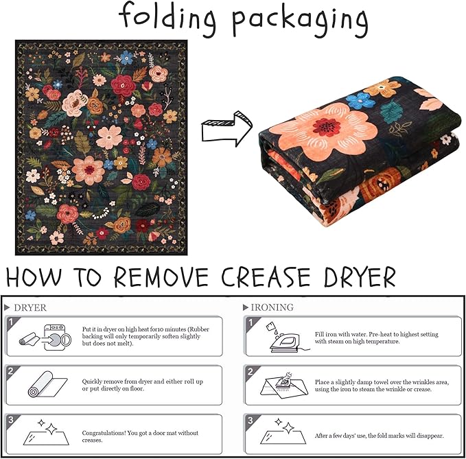 Area Rug 4x6 Rug Washable Boho Rugs Non Slip Low Pile Floral Small Carpet for Bedroom, Bedside, Kids Room, Office, Dining Room(Black)