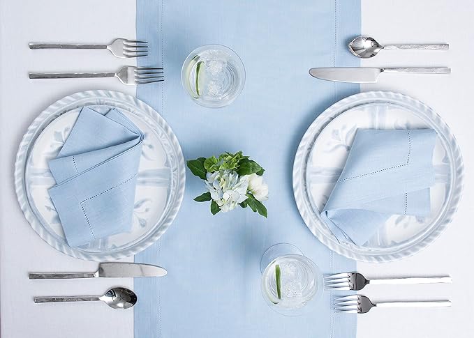 Solino Home Linen Sky Blue Table Runner 72 Inches Long - 100% Pure Linen Hemstitch Table Runner 14 x 72 Inch for Dresser, Dining - Classic Hemstitch