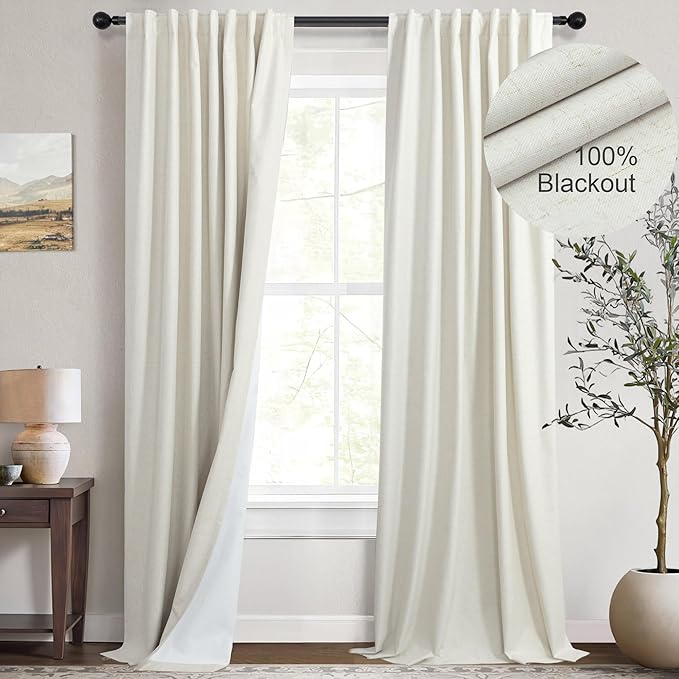 Cream Blackout Curtains 94 Inches Long 2 Panel Set Patio Drapes for Insulated Sliding Glass Doors Cute Curtain for Nursery Bedroom Aesthetic Back Tab Rod Pocket Thick Linen Cotton Cottage 52x94 Length
