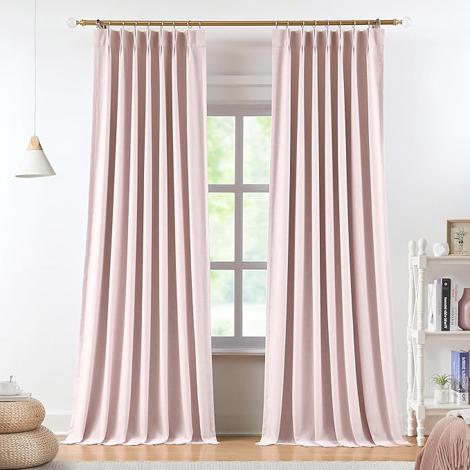 Vision Home Soft Pink Pinch Pleated Full Blackout Curtains Linen Blended Room Darkening Curtain Panels 95 inch for Living Room Bedroom Thermal Insulated Pinch Pleat Drapes with Hooks 8FT 40" Wx95 Lx2
