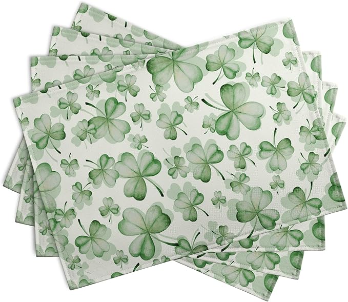 Shamrocks St. Patrick's Day Placemats Set of 4 Watercolor Lucky Clovers St Patrick's Day Table Mats Seasonal Spring Green Leaves Linen Place Mats for Party Kitchen Dining Outdoor Indoor Decor