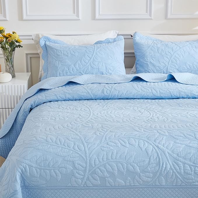 MarCielo 3-Piece 100% Cotton Oversized Bedspread Lightweight Quilt Coverlet Embroidery Farmhouse Bedding Set T0 (Light Blue, Oversized Queen (100"x106"))