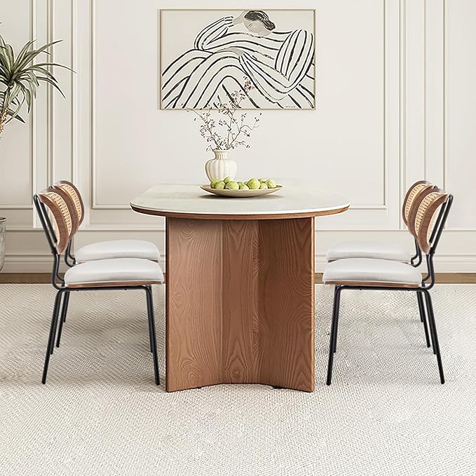 Rattan Dining Chairs Set of 4, Mid Century Modern Dining Chairs with Cane Back for Kitchen Dining Room, 19 Inch Fabric Beige