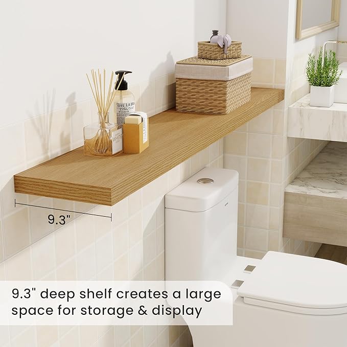 Fun Memories 55 Inch Fireplace Mantel Shelf -Long Floating Shelves, Deep Wall Mounted Farmhouse Display Shelves with Invisible Heavy Duty Metal Bracket, Oak, 2 Pack