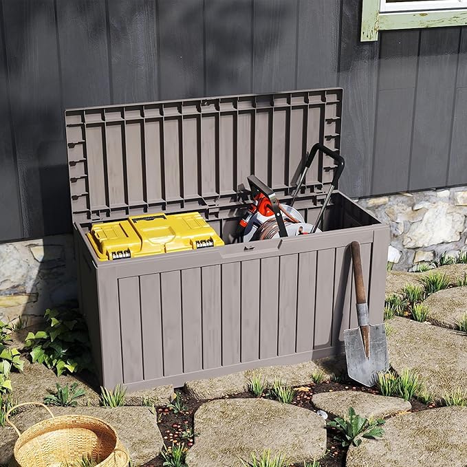 75 Gallon Double-Wall Resin Deck Box - Lockable Waterproof Outdoor Storage Box, 515lbs Capacity & Doubles as Seating for Patio Furniture - Garden Tools, Pool Accessories (Brown)