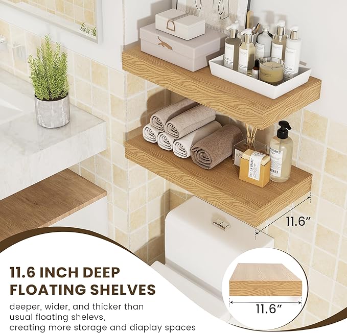 Deep Floating Shelves, 12 Inch Deep Rustic Floating Shelves Set of 2, 24 Inch Large Oak Wood Wall Mounted Shelves for Books Living Room Laundry Room Bedroom Kitchen Home Office - Oak