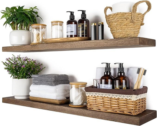 BGMG 36 inch Walnut Floating Shelves for Wall Set of 2, Solid Real Wood Rustic Mount Shelves for Living Room Bedroom Kitchen Farmhouse with Sturdy Hidden Bracket-36x 6.7 x1.25 inch