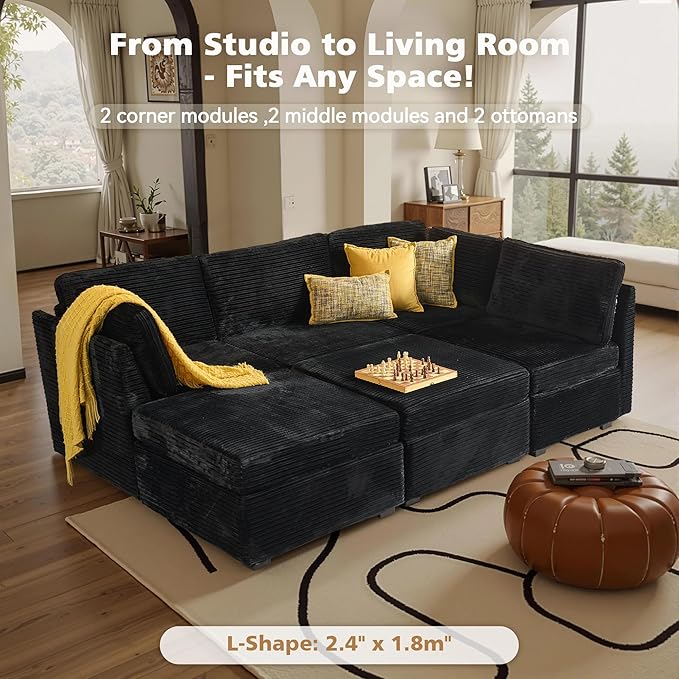Modular Sectional Sofa, 130.7 Inch U Shaped Couch Set for Living Room, 4-Seater Comfy Cloud Couches with Two Movable Ottoman, Plush Corduroy, Black