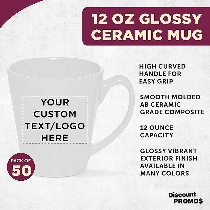 DISCOUNT PROMOS Custom Glossy Ceramic Latte Coffee Mug 12 oz. Set of 50, Personalized Bulk Pack - Perfect for Tea, Espresso, Cappuccino, Hot Cocoa - White