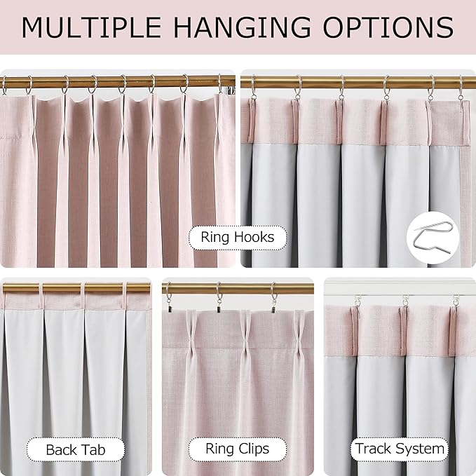 Vision Home Soft Pink Pinch Pleated Full Blackout Curtains Linen Blended Room Darkening Window Curtains 102 inch for Living Room Bedroom Thermal Insulated Pinch Pleat Drapes with Hooks 60" Wx102 Lx1