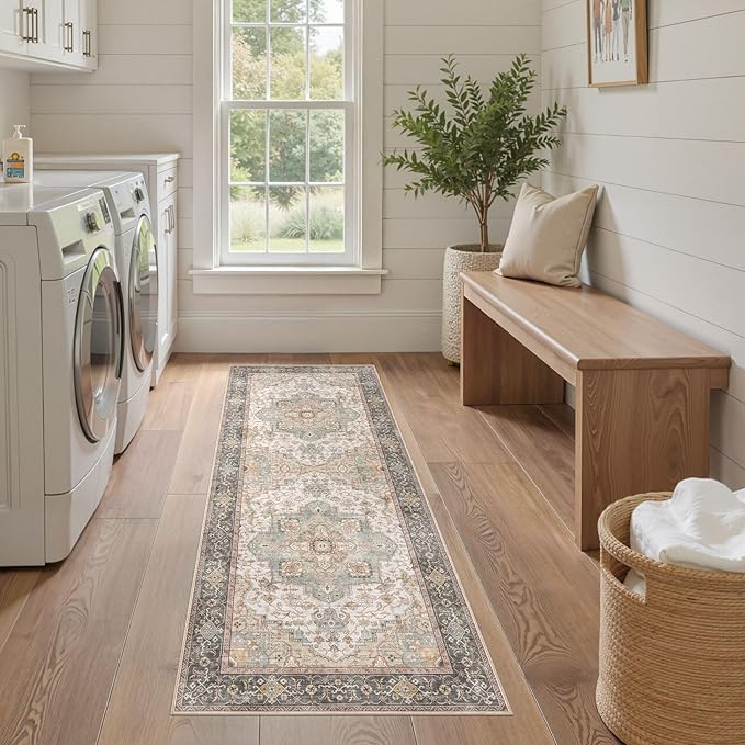 Washable 2x6 Runner Rug - Area Rugs Neutral Vintage Distressed Floral Farmhouse Boho Large Soft Floor Rug Indoor Carpet for Hallway Entryway Bedroom Kitchen - Forest Green Orange