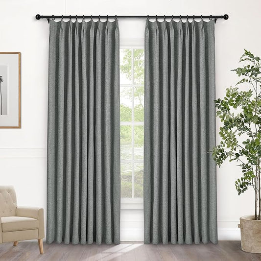 Macochico Mid Grey 100% Blackout Linen Curtains 96 Inches Long Pinch Pleated Curtains for Bedroom Living Room Nursery Farmhouse Insulated Sound Reducing Drapery with Tieback 84”Wx96”L 1 Panel