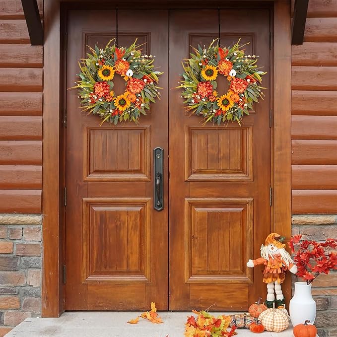 Fall Wreaths for Front Door 24 Inch Fall Wreath with Pumpkins, Sunflowers & Berries – Outdoor Autumn Wreath for Porch, Thanksgiving, Halloween & Harvest Decor