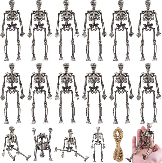 16 Pcs mini skeleton halloween decoration With hemp rope，6”small plastic posable halloween tiny skeleton figurines decor for Halloween Indoor Outdoor Graveyard Decor Haunted House Party Favors