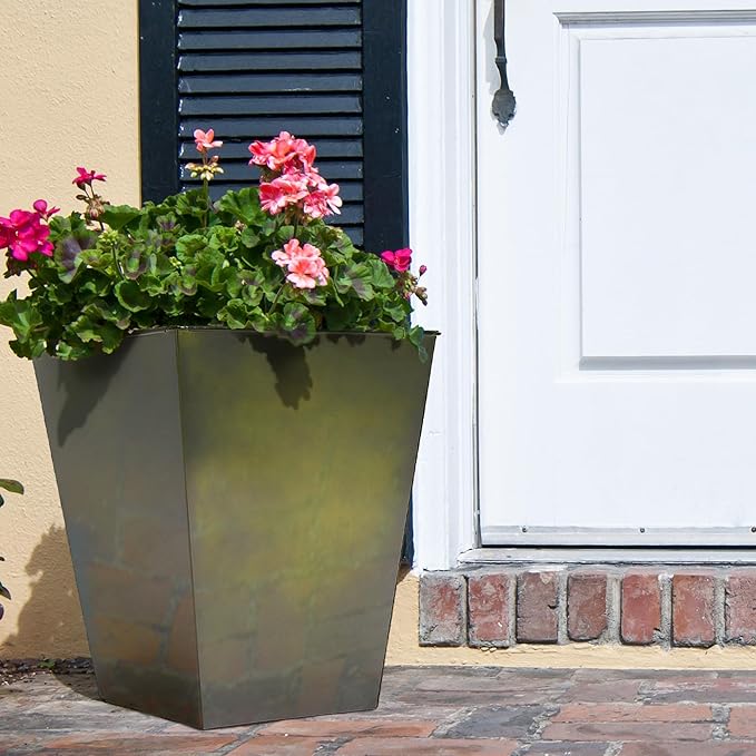 KOL 18''H. Bright Glazed Planter with Drainage Hole, Set of 2, Galvanized Steel Planter Pots for Indoor & Outdoor Use, Decorative Flower Plant Pots for Front Porch, Patio, Deck - Green