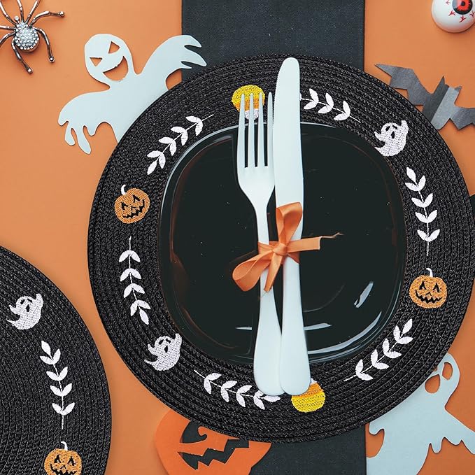 Whaline 4Pcs Round Halloween Placemats Embroidered Ghost Pumpkin Candy Corn Place Mats Black Spooky Dinner Table Mats for Halloween Party Decor