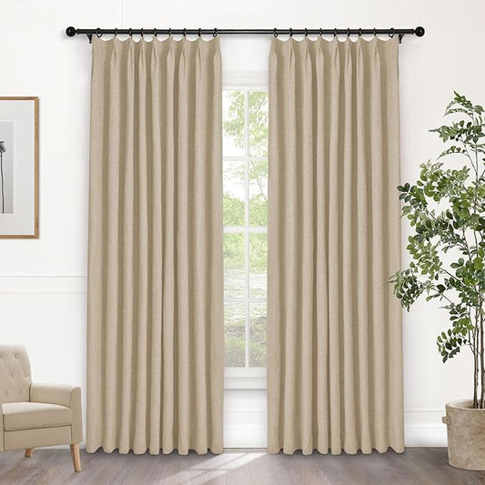 Macochico 52”Wx96”L 100% Blackout Curtains for Bedroom Living Room Nursery Sand Beige Pinch Pleated Linen Curtains Farmhouse Burlap Drapes Thermal Window Panels with Hooks and Tieback 1 Panel