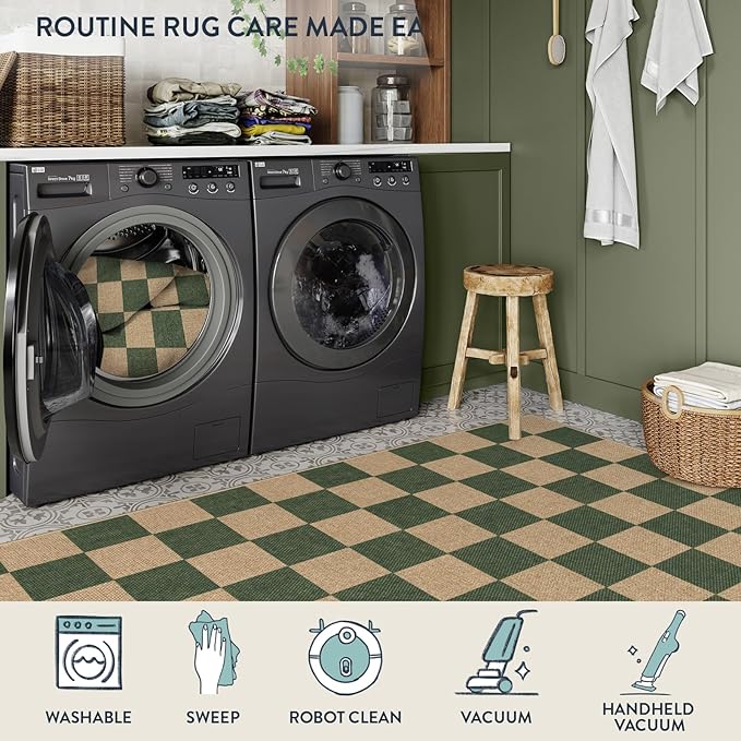 Lahome Checkered Easy Jute Dining Room Rug, 5x7 Indoor Outdoor Rugs for Patio Living Room, Neutral Checkerboard Non Slip Low Pile Green Carpet for Bedroom Office Backyard