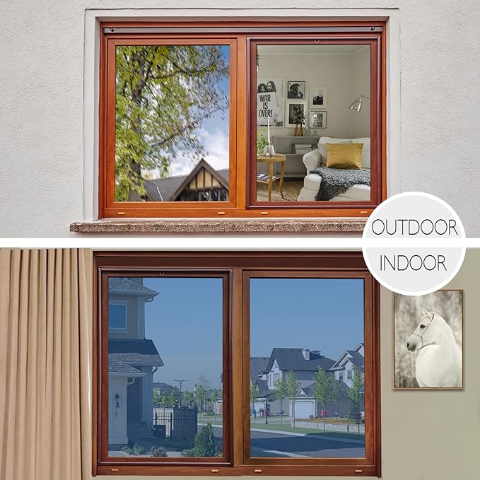 HIDBEA Window Film Daytime Privacy, Heat Control Sun Blocking Anti UV One Way Mirror Window Tint for Home, Non-Adhesive Self Static Cling Window Stickers (Blue-Silver, 35.4 Inch × 6.5 Feet)