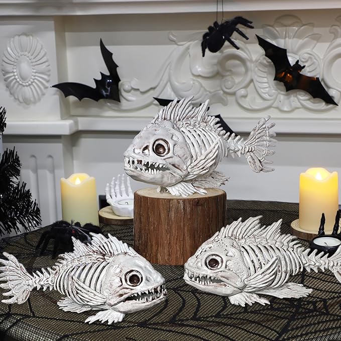 DR.DUDU 3 Pack Skeleton Fish Halloween Decor, Animals Skeleton Decorations Plastic Skull Fish Bones Figure Decor for Outdoor Indoor Bedroom Tank Party Props